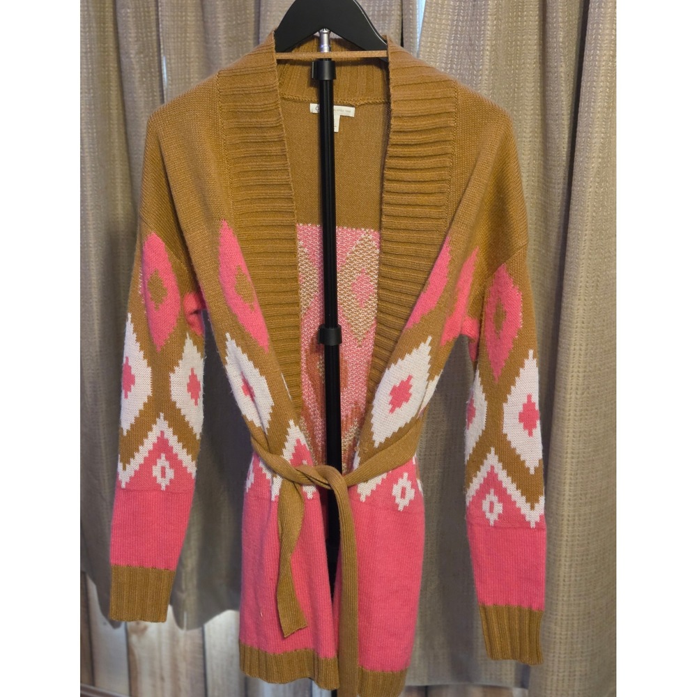 Cato Aztec Pattern Cadigan Women's Size XS Brown Pink White Tie Front